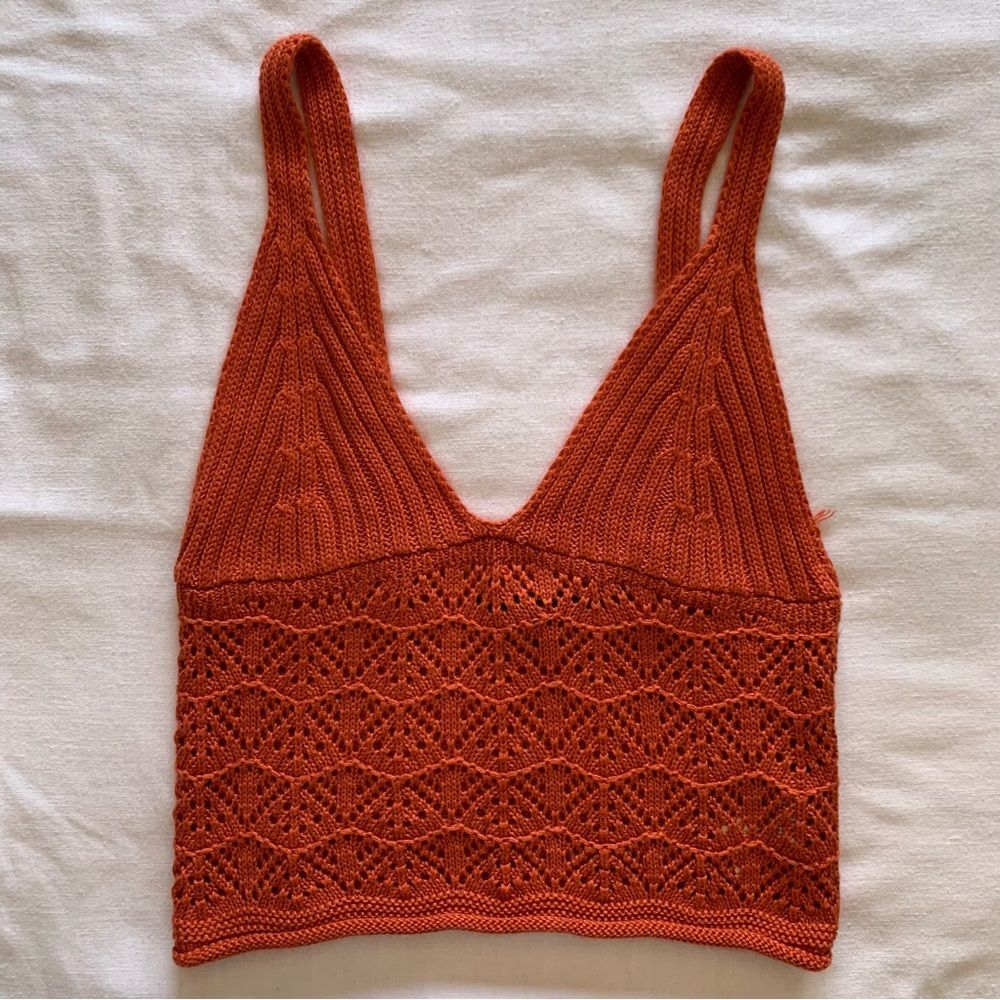 Knit Lace Crop Tank Top - Rust Orange